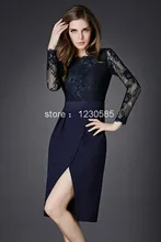 Free Shipping Black/Wine Red/Navy Blue Sheer Lace Long Sleeves Women Dress Sexy Front Slit Office Lady Dresses Bodycon Vestidos