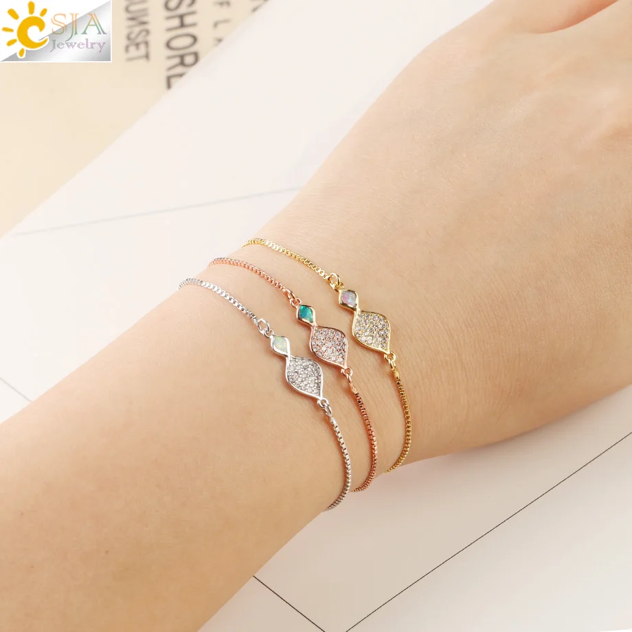 

CSJA Luxurious Chain Bracelets Opal Pave Zircon Leaf Adjustable Charm Bracelet for Women Girls Simple Jewelry Friends Gifts G104