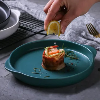 

Nordic matte light breakfast plate round dish home creative double children ceramic dishes baking tray 3