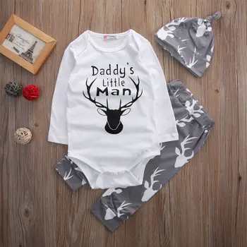 

2016 Newborn Kid Baby Boy Daddy's Little Man Romper Long Pants Hat Outfit Set Clothes