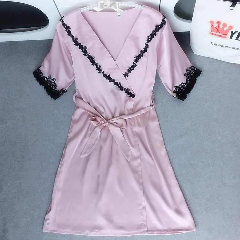 Новое поступление, сексуальный женский халат, Мини Ночная рубашка, Шелковый кружевной халат с коротким рукавом+ ночная рубашка, комплект из двух предметов