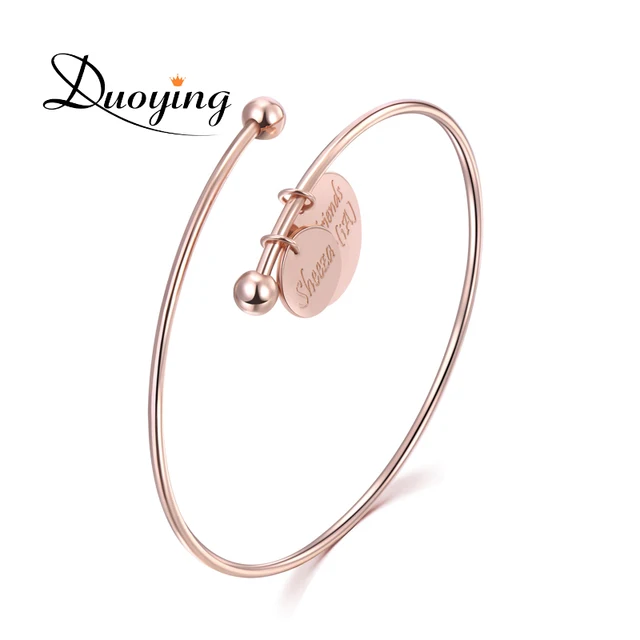 Duoying Custom Name Bangle Bracelet Double Disc Pendant Duoying Custom Name Bangle Bracelet Double Disc Pendant Personalized Engraved For Her Simple Graduation