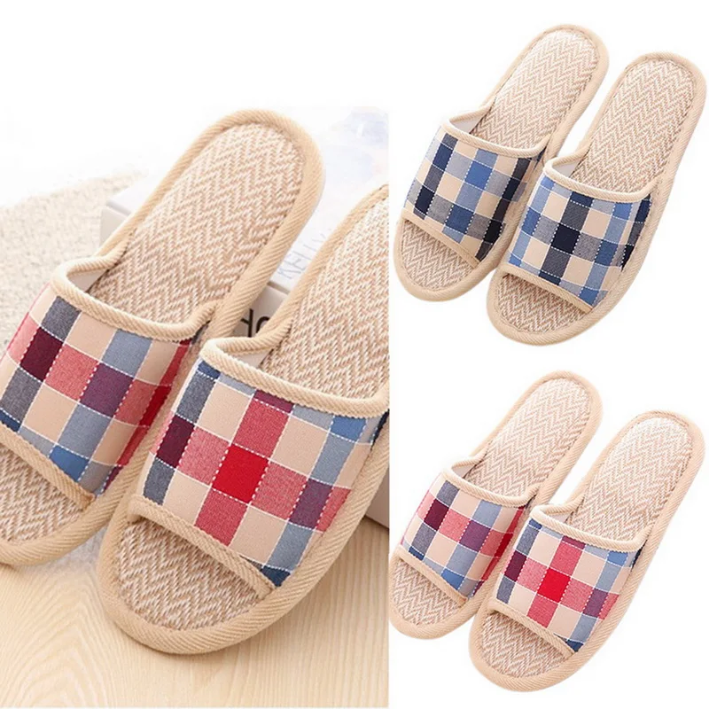 

Summer Shoes Woman 2019 Spring Flat Sandals Men Women Beach Flip Flops Big Size Plaid Indoor Home Slippers Linen Slipper