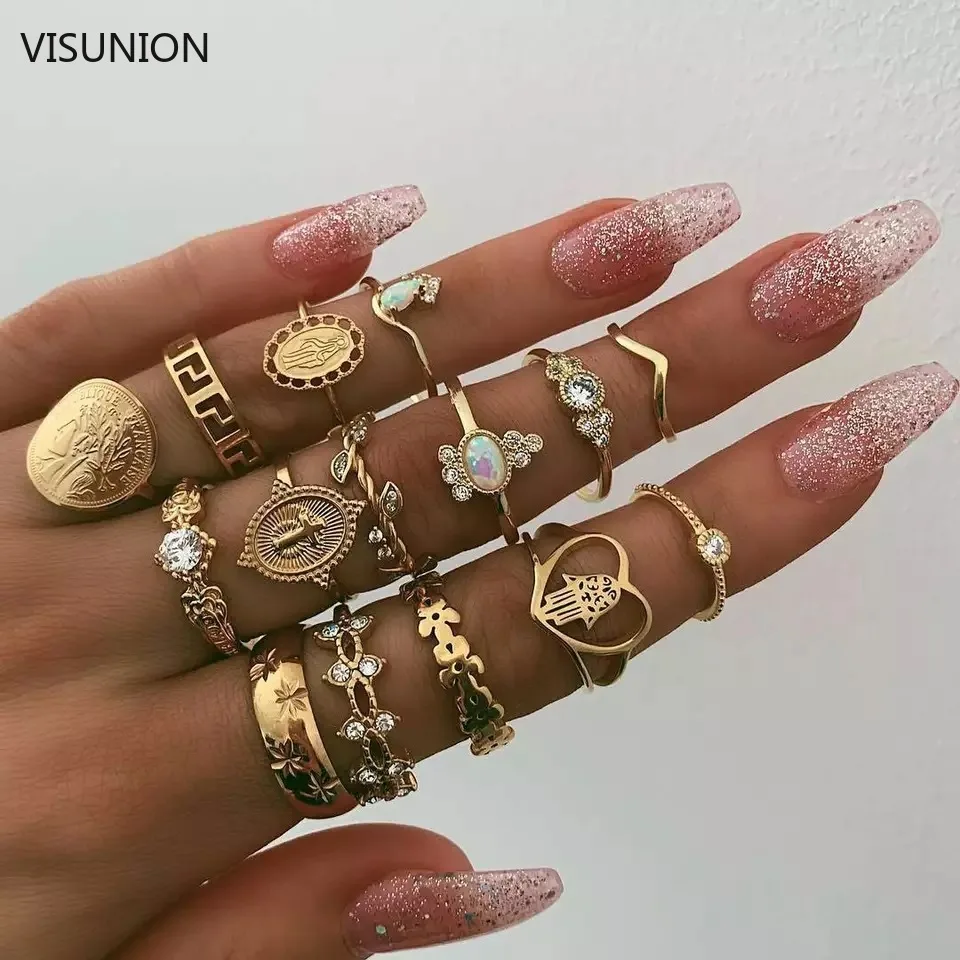 

15pcs/set MIDI Finger Ring Set For Women Girl Retro Beauty Head Gold Coin Cross Patterned Knuckle Party Rings Joints Rings
