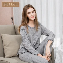 Осенние женские повседневные пижамные комплекты из двух предметов, женская футболка с длинным рукавом и круглым вырезом+ штаны, Женский хлопковый пижамный комплект