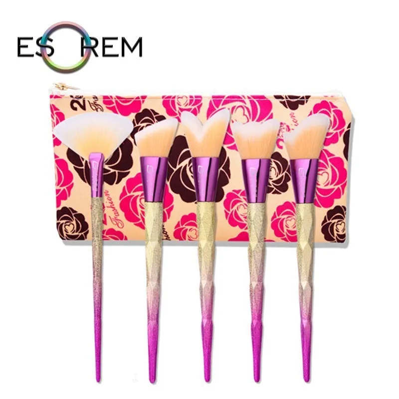 

ESOREM 5pcs Cosmetic Makeup Brush Set With Flower Bag Bichromatic Diamonds Makeup Brushes Synthetic Larger Powder Concealer G-79