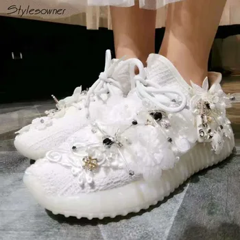 

Stylesowner Flower Mesh Elastic Casual Shoes Platform Crystal Women Elegant Rhinestone Sneakers Fashion Embroider Pearl Sneakers