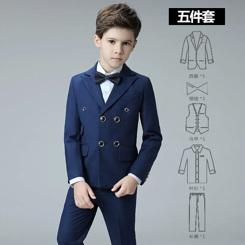 Новинка года, деловой двубортный Блейзер высокого качества для мальчиков однотонный Костюм Джентльмена на выпускной с лацканами жилет+ рубашка+ штаны для детей - Цвет: Navy 5 pcs
