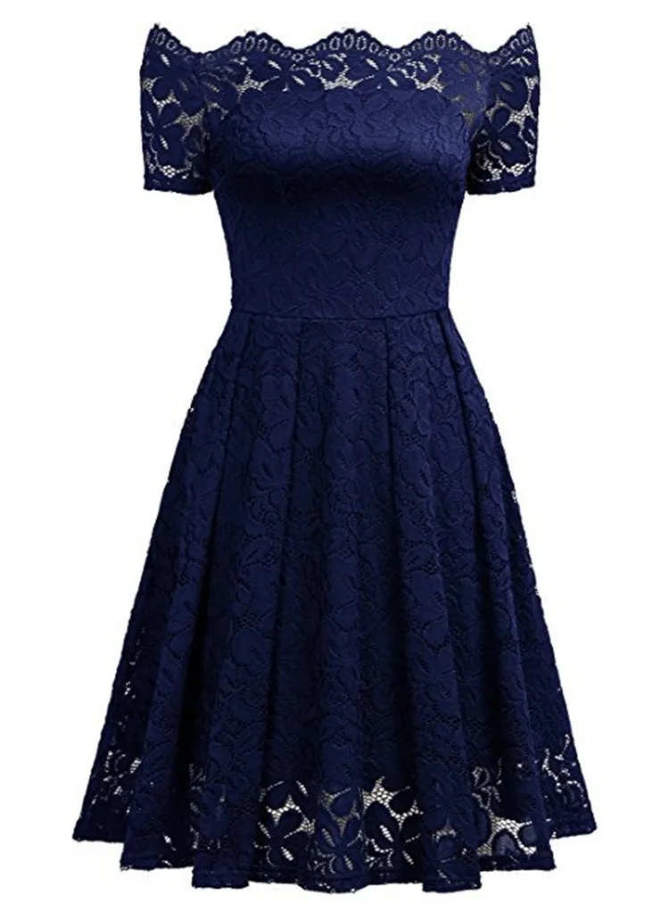 Летнее женское кружевное платье с открытыми плечами, сексуальные фестивальные классические удобные элегантные вечерние платья, винтажные женские платья - Цвет: Тёмно-синий