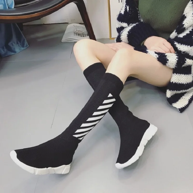 

2018 autumn and winter new stretch stovepipe boots fight color knitted casual boots women white high boots
