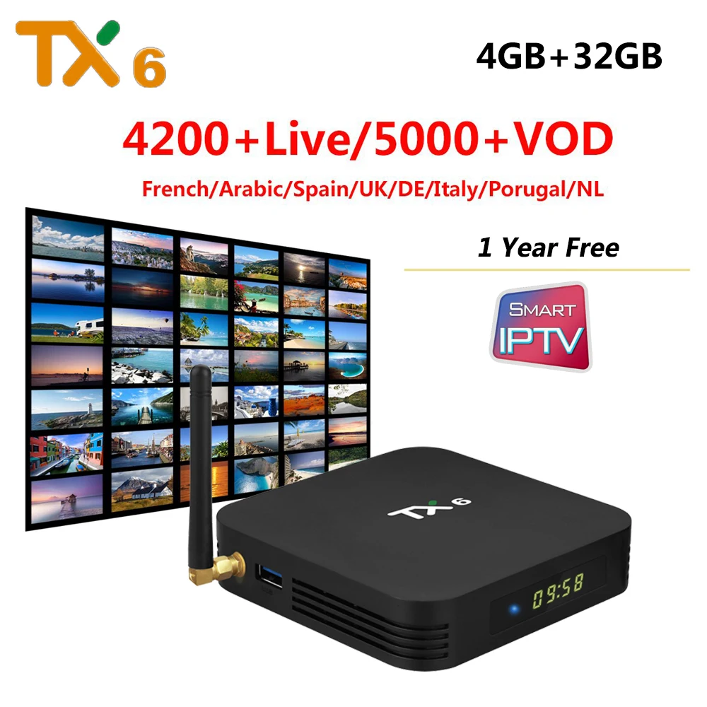 

TX6 4GB RAM 32GB ROM Android 9.0 TV Box with 1 Year IPTV Subscription for Italia French Spain Portugal Poland Albania UK Canada