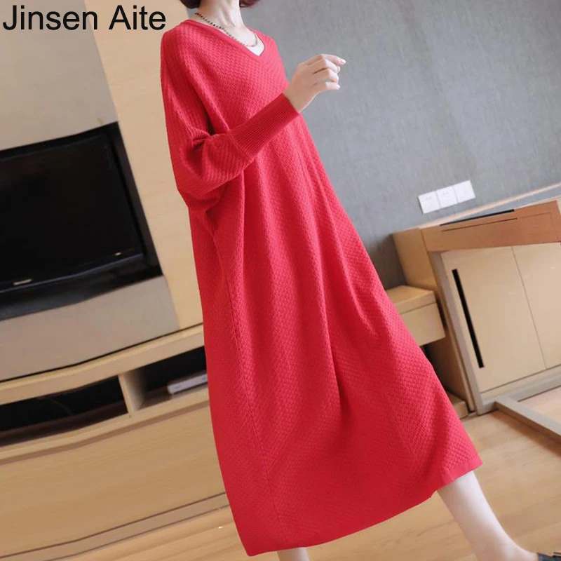 

Jinsen Aite High Quality Women Long Sweater Dress 2018 Autumn Winter V-Neck Loose Casual Fashion Soft Large Size Vestidos JS672