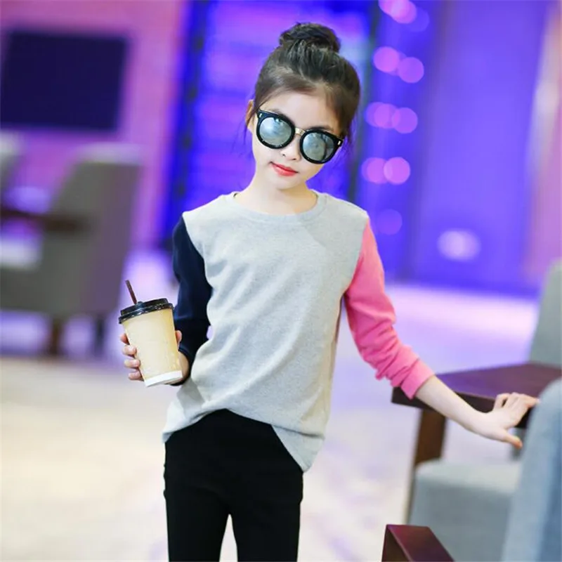

TZCZX-3015 Promotion New Fashion Children Girls T-shirts Patchwork Color Soft and comfortable For 5-14 Years kids girl wear