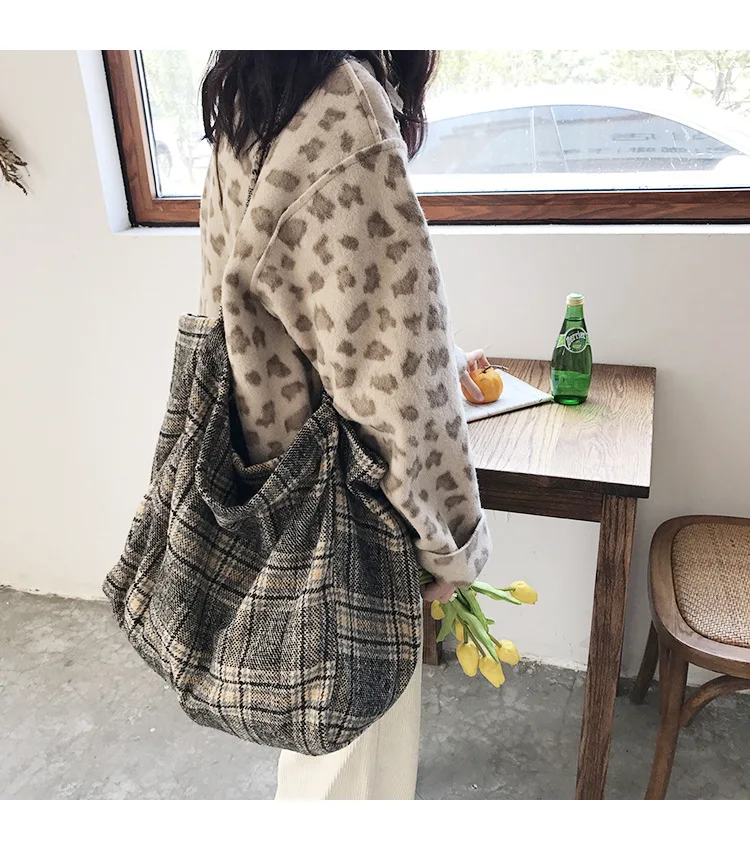 Women Woolen Canvas Bags Scottish Pattern Vintage Plaid Female Large Capacity Big Tote Handbag Ladies Casual Shoulder Bag