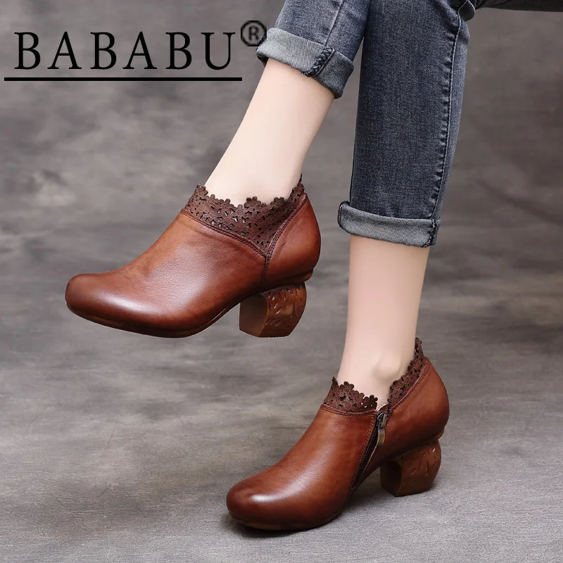 

2019 spring and summer new national style retro leather round head soft bottom with single shoes with soft bottom floral shoes