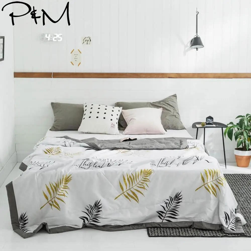 

2019 Golden Black Leaves Stitching Comforter Summer Quilt Twin Full Queen Size Bedspread Cotton Fabric Quilting Blanket