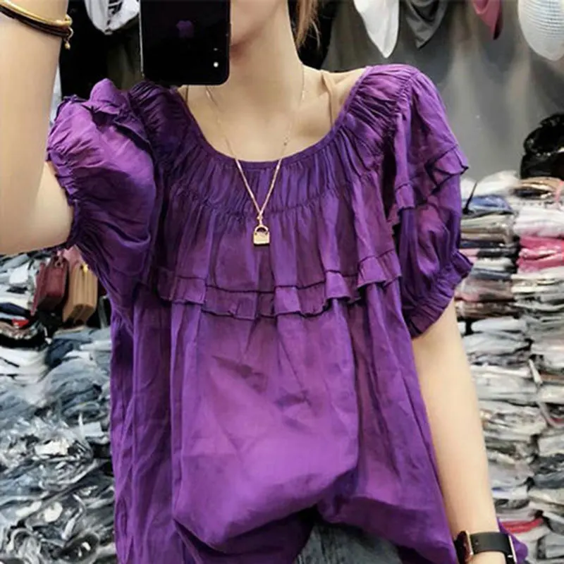

F&je New Summer Women Shirts Plus Size Loose Casual Short Sleeve Ladies Tops Solid Cotton Ruffles Blouses Female Cute Shirt D48