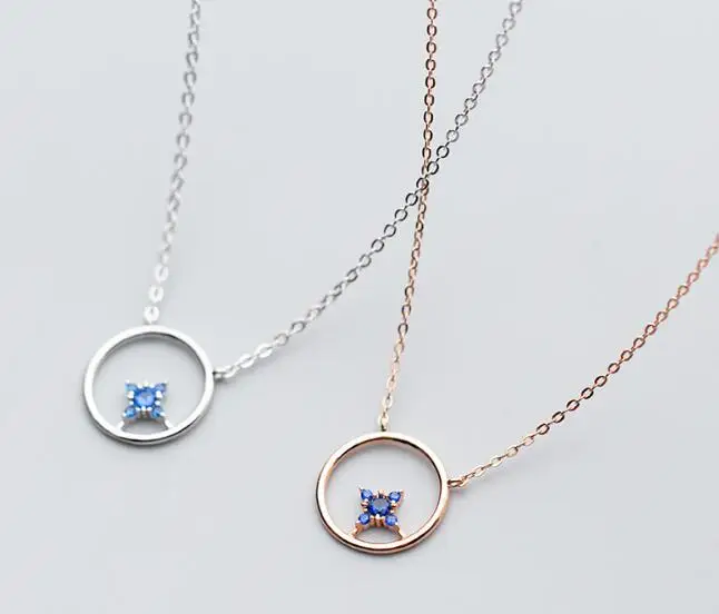 

1PC 100% REAL. 925 Sterling Silver FINE Jewelry Blue flower Into the Lucky OPEN Circle Geometric Pendant Necklace GTLx1694