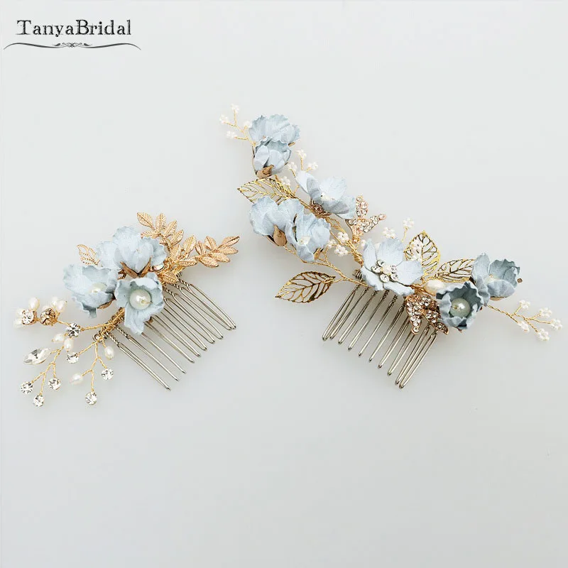 

Light Blue Flowers Bridal Headpieces Comb Pearls Crystal Wedding Accessoires 4 pieces Romantic Beauty Hairclip DH019