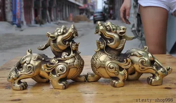 

Crafts statue China Fengshui brass Wealth Money Guardian Beast Unicorn Kylin PiXiu Statue Pair