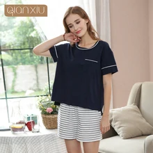 Летний топ качество хлопковый пижамный комплект Для женщин Повседневное пижама в полоску комплекты женский o-образный вырез воротник футболки с коротким рукавом+ шорты