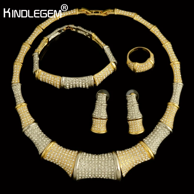 Kindlegem 2018 High Fashion Gold Color African CZ Zircon Bamboo Necklace Wedding Bridal Costume Jewelry Set For Women | Украшения и