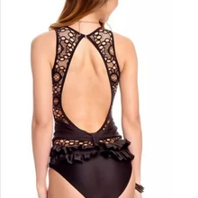 Сексуальный женский кружевной монокини с открытой спиной Цельный купальник с рюшами черный купальный костюм пуш-ап купальник для девочек Летняя Пляжная одежда