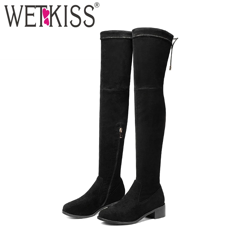 

WETKISS Over The Knee Stretch Women Boots Winter Warm Thick Heels Boot Round Toe Shoes Flock Female Shoes Rubber Footwear Black