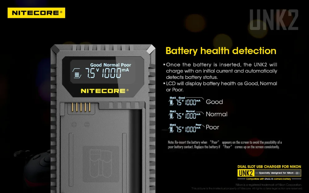 Nitecore UNK2 цифровой USB Зарядное устройство для EN-EL15 Nikon батареи D610 D750 D800 D810 D850 D7000 D7100 D7200 D7500 1V1 V1