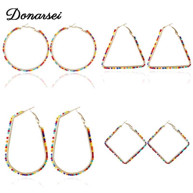 

Donarsei Ethnic Handmade Geometric Colorful Beaded Earrings For Women Bohemian Circle Round Big Hoop Earrings Boho Jewelry