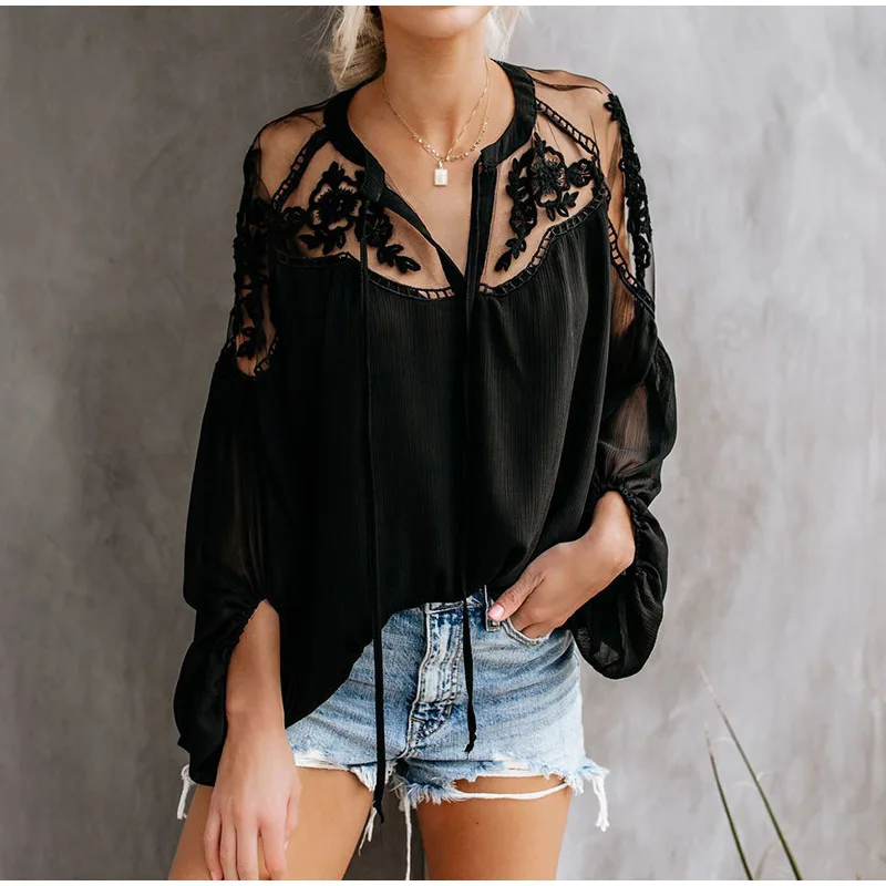 Summer Chiffon Floral Mesh Lace Up Women Blouse Tops Lantern Sleeve Transparent Boho Ladies Casual Solid Tops 2019 Korean Shirts