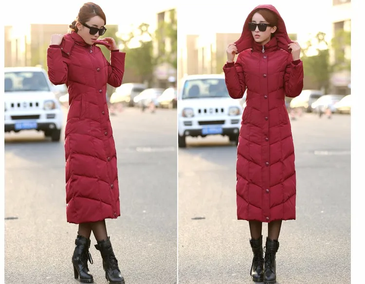 Для женщин 2018 ультра длинный пуховик женский Макси куртка теплые парки термальность зима черный, красный синий плюс большой размеры 2xl 3xl 4xl
