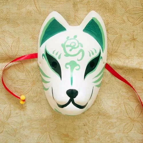 

Full Face Hand-Painted Japanese Fox Mask Kitsune Cosplay Masquerade Green Color for Carnival Halloween Cartoon
