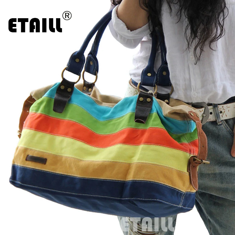 

2016 New Canvas Handbags Patchwork Stripe Rainbow Color Block Women Canvas Shoulder Bag Multifunction Messenger Crossbody Bags