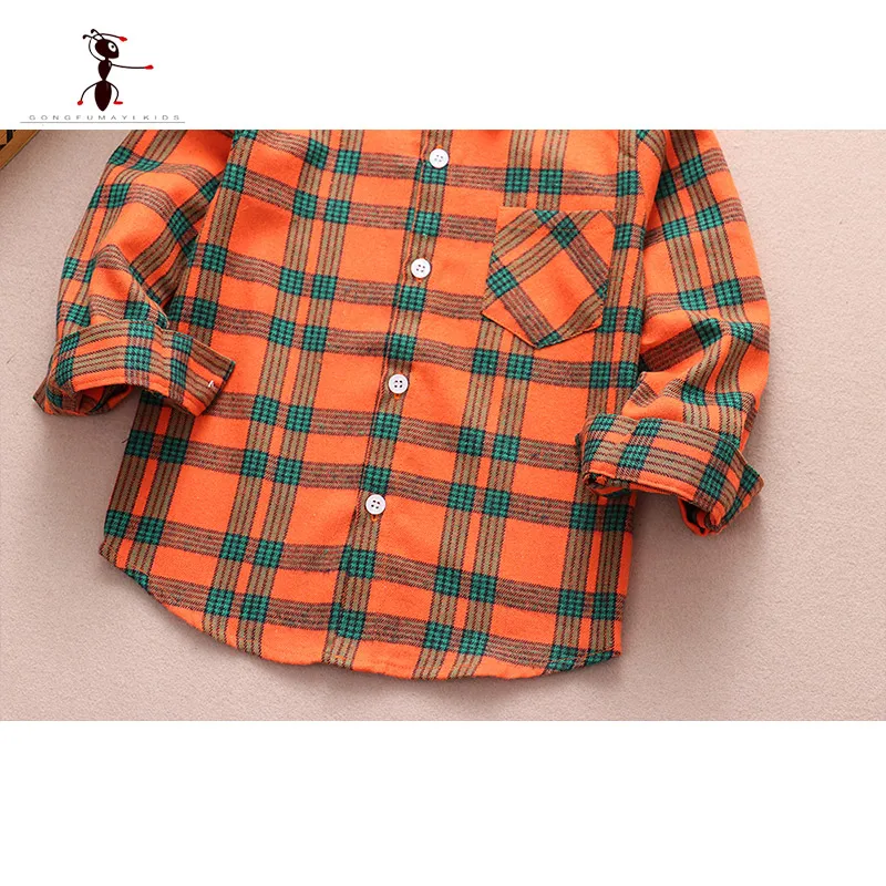  Hot Sale 100%Cotton Baby Boy Shirt Turn-down Collar Flannel Baby Blouse Tops Plaid Baby Shirts For 2-12 Years Old Kids Top 1908