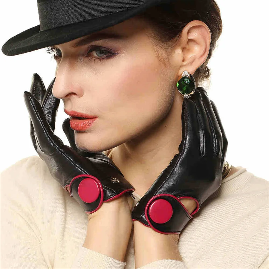 Женские высококачественные перчатки из натуральной кожи контрастного цвета, модные тонкие перчатки из овечьей кожи, одноцветные перчатки с пуговицами на запястье, EL028NN