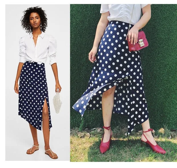 

Women Skirt 2019 New Vintage Navy Blue Wave Point Sexy Split Design Elastic Waist Skirt