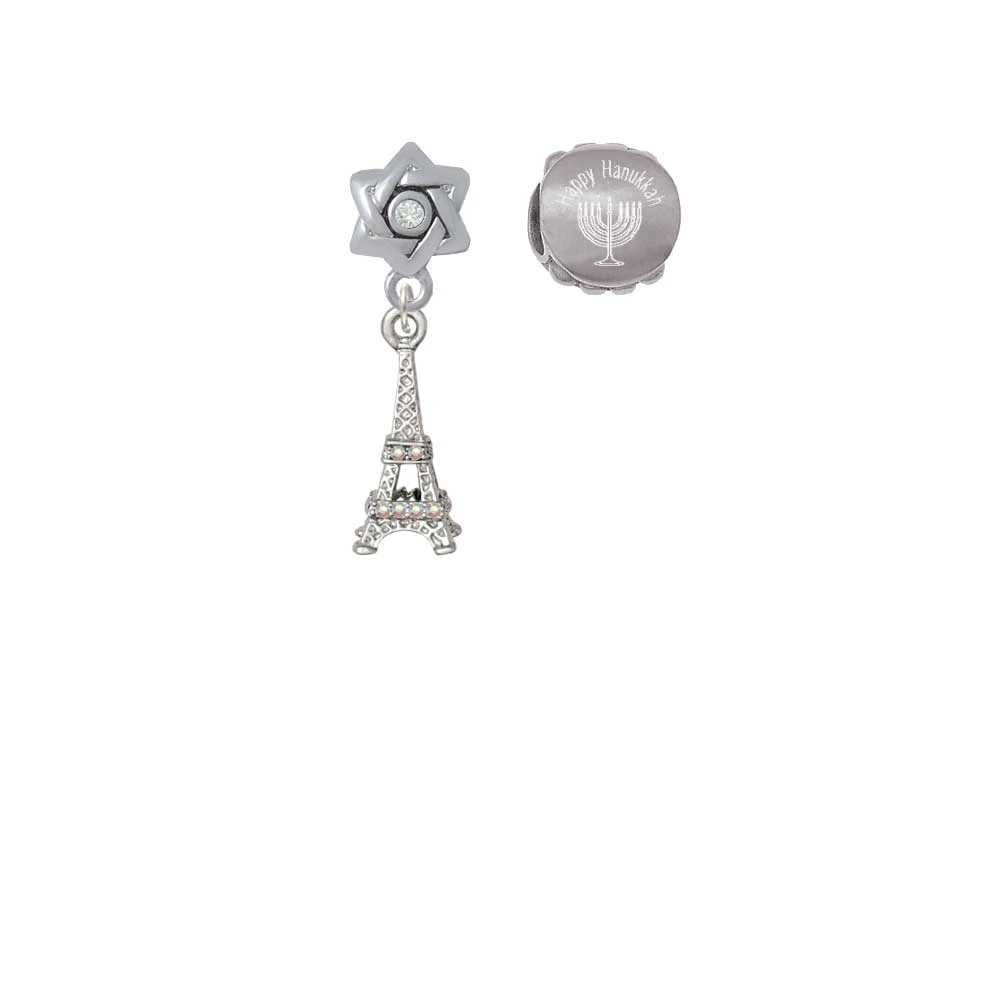Silvertone AB Crystal Eiffel Tower Happy Hanukkah Charm Beads (Set of 2)