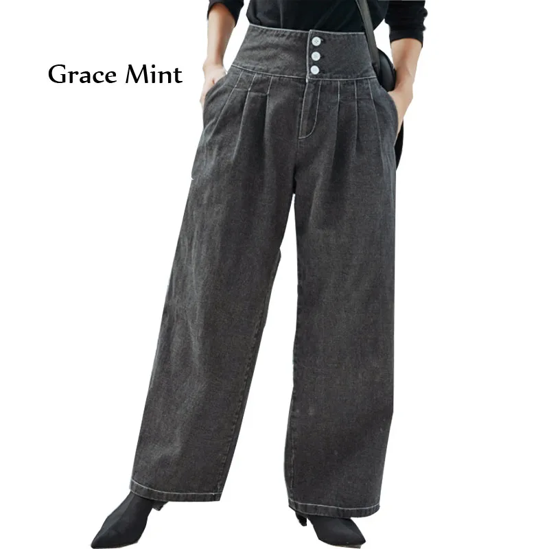 Высокая талия джинсы Для женщин модные джинсовые брюки осень-зима свободные джинсы плиссированные широкие брюки джинсы