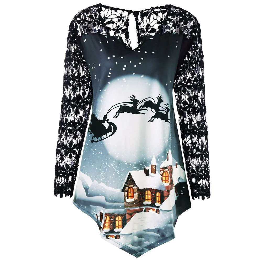 

womens tops and blouses 2018 Women Merry Christmas Plus Size 5XL Printed Lace Patchwork Asymmetrical shirt Tops roupas feminina