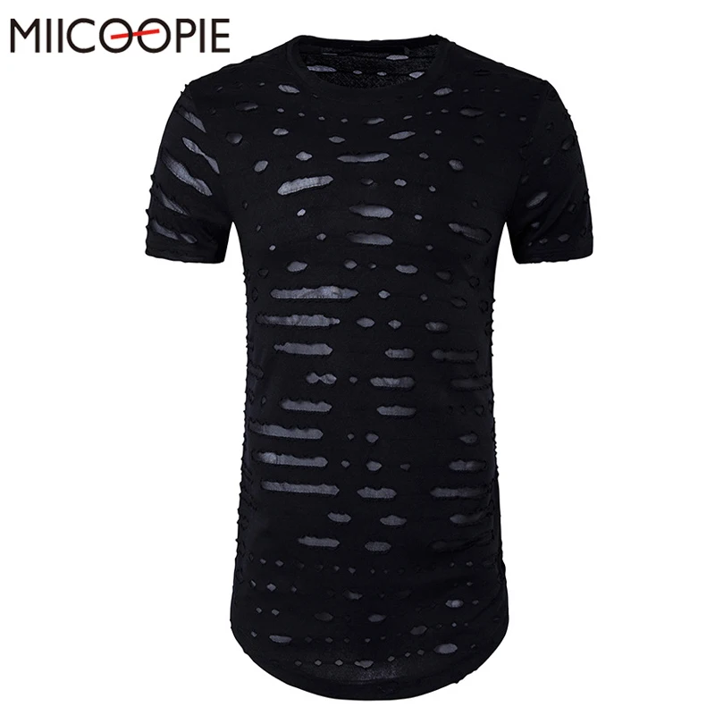 

Hip Hop T Shirt Men Short Sleeve Holes Cotton Long T-Shirt Slim O-neck Men's Casual Solid Tshirt Rock T Shirt Men Streetswear