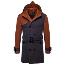 Новинка, Длинная ветровка в британском стиле, Лидер продаж, двубортное шерстяное пальто с капюшоном, мужское зимнее шерстяное пальто с поясом, мужская куртка