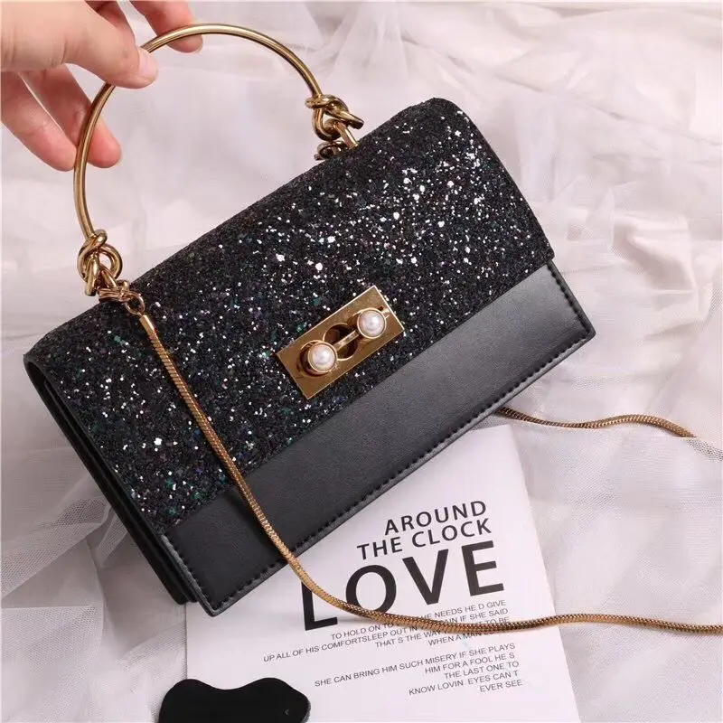 

2019 Spring Summer New Women Messenger Bags Genuine Leather Handbags Ladies Handbag Shoulder Crossbody Sequins Chains Bag Party