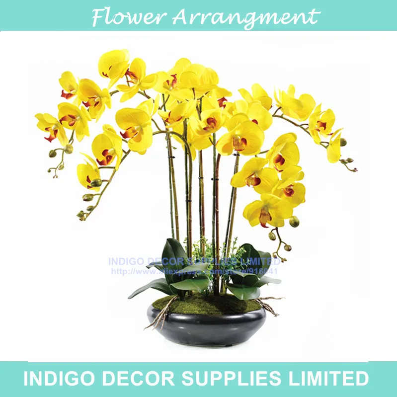 Настоящий желтый букет цветов, орхидеи с листьями для свадебной вечеринки, искусственные цветы