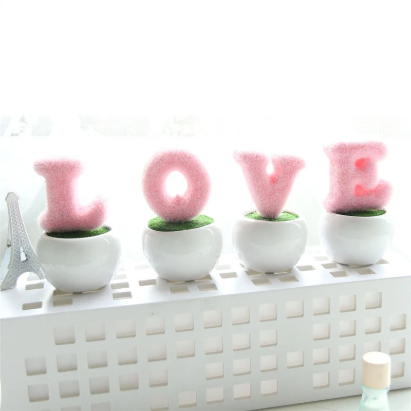 

Artificial Plants Love round flowerpot bonsai artificial flower pot set Pink flocked fake flower plant Potted ornaments AQ109