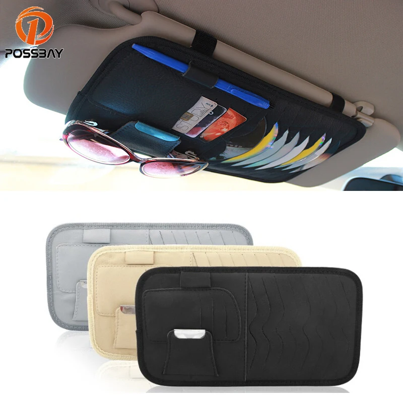 POSSBAY Leather Auto Car Sun Visor Glasses CD Holder Clip Bag