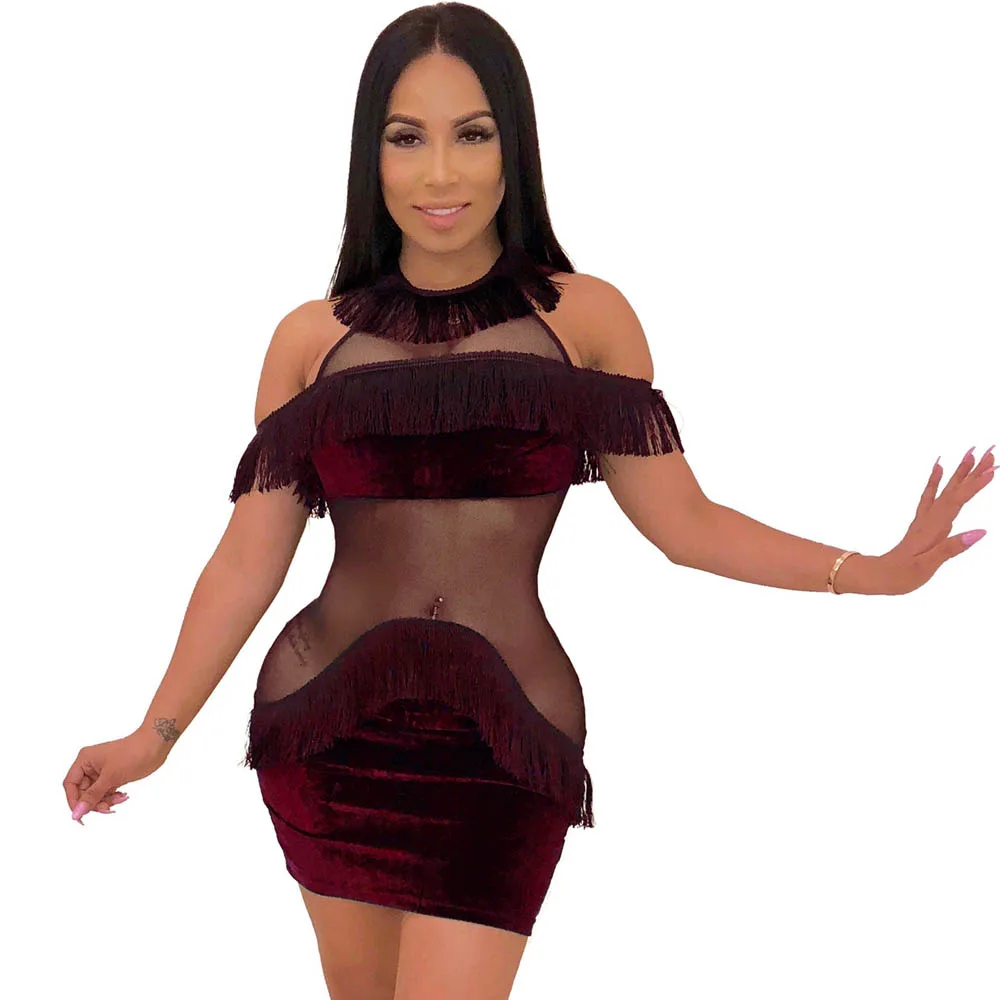 

Kim Kardashian Sexy Cold Shoulder Red Green Velvet Dress Short Sheer Mesh Fringe Dress Party Night Club Dresses Plus Size
