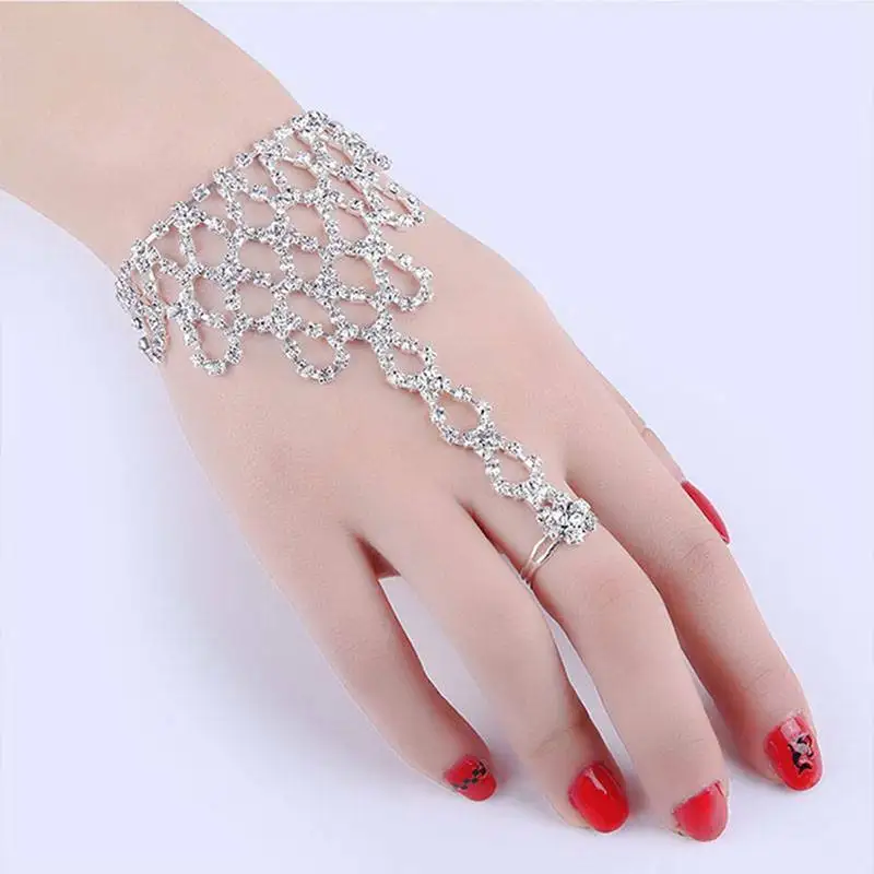 

New Fashion Rhinestone Bangle Chain Link Finger Ring Women Chain Dancing Gloves Bracelet Jewelry Gifts