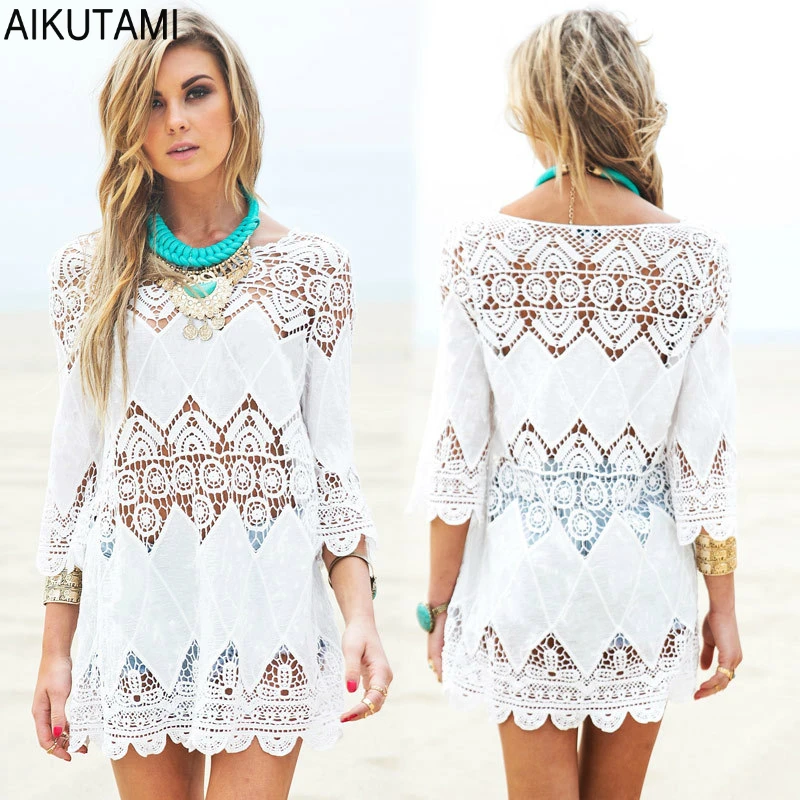 Swimwear Cover Ups Women Beach Wrap O neck Knitting Lace White Swimsuit