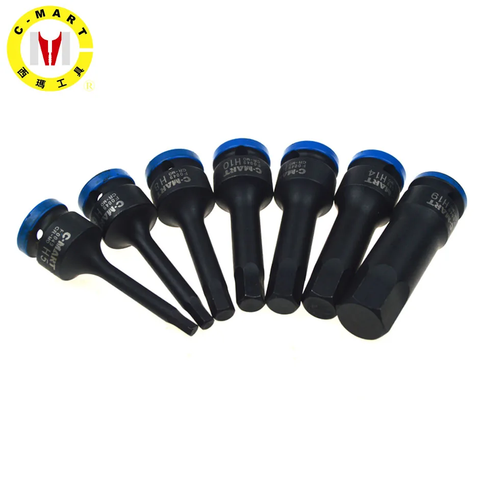 

C-mart Cr-Mo 1/2" DR Long Hex Impact Bit Socket 4/ 5/6/7/8/10/12/14/17/19mm Hex Key Socket Length Black Alloy Steell